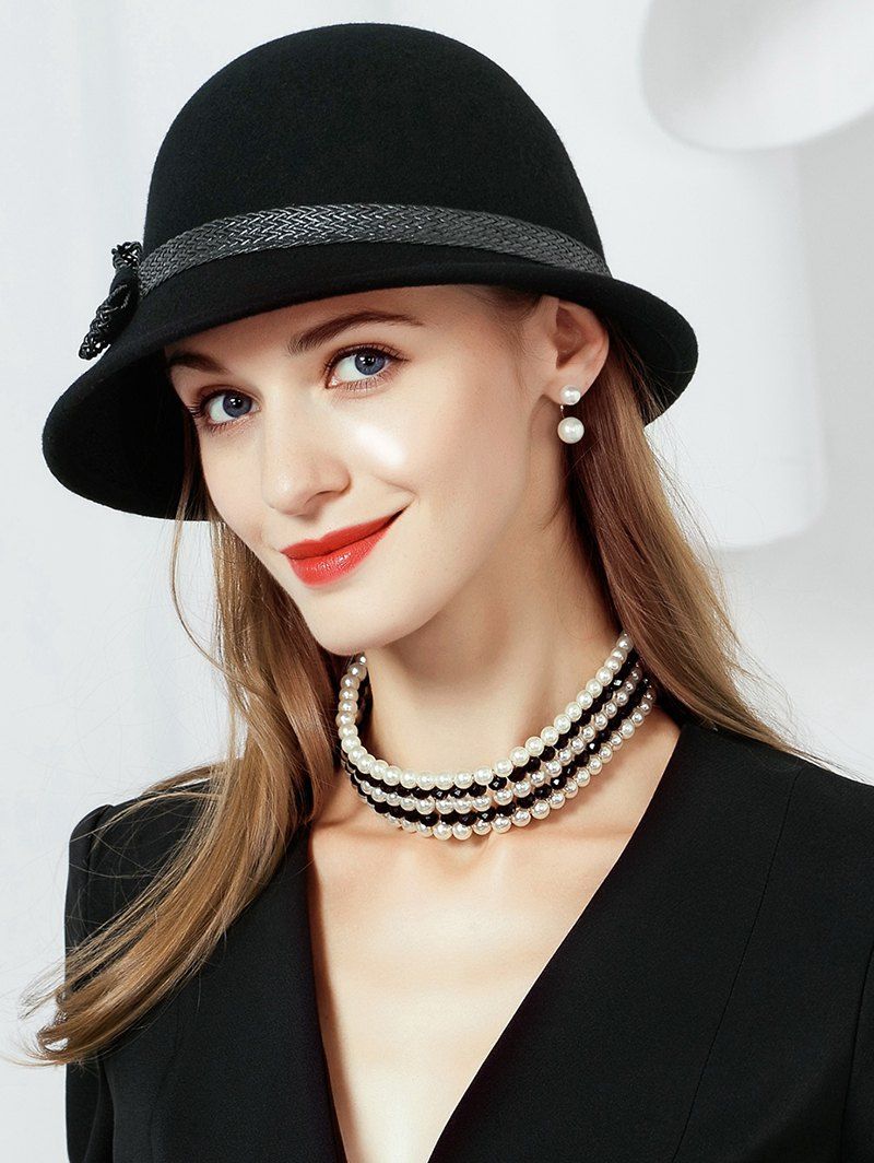 

Vintage Bowknot Embellished Faux Wool Ladies Hat, Black