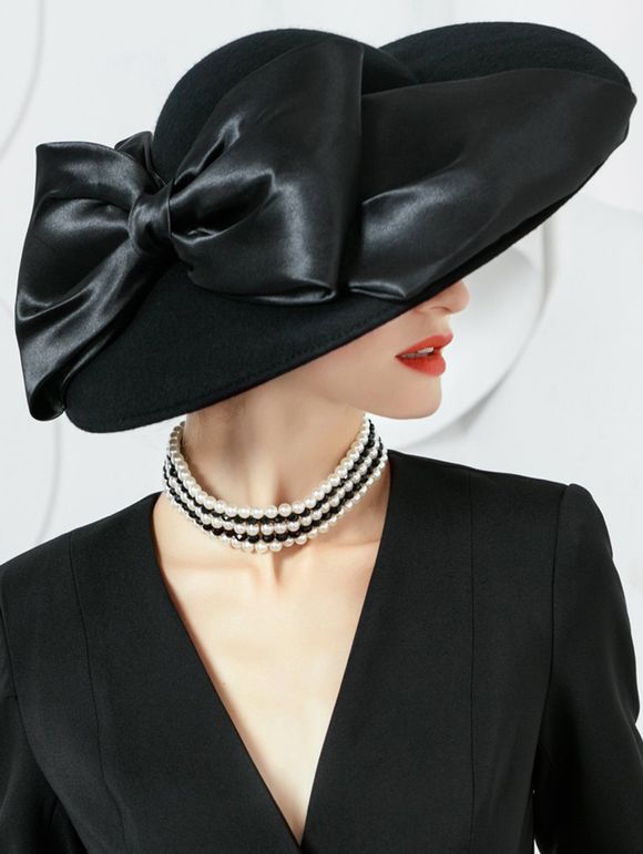 Chapeau Fedora en Laine Orné d'un Nœud Style Vintage - Noir 