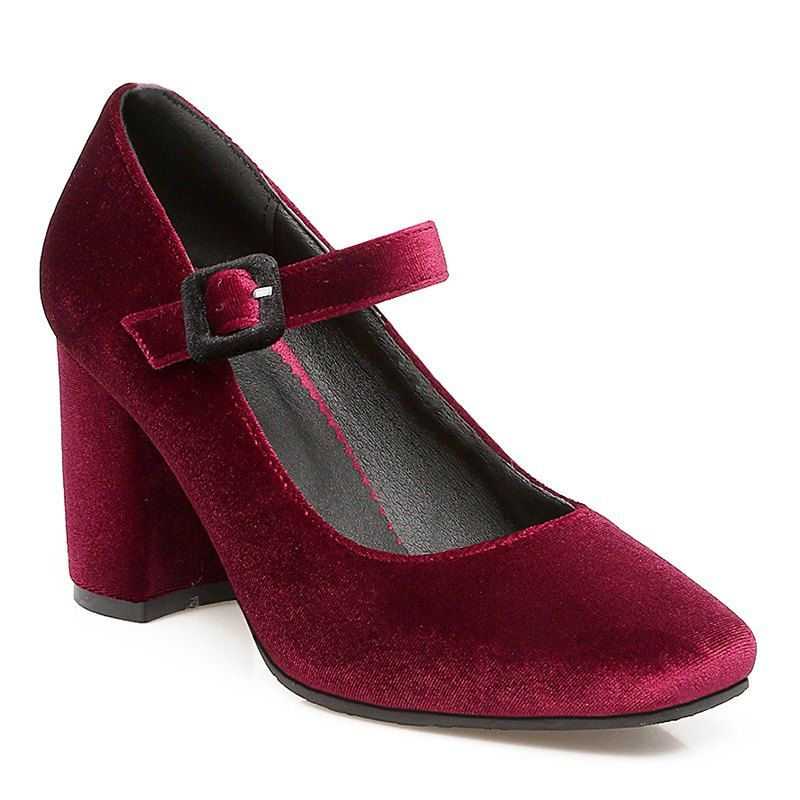 

Chunky Heel Squared Toe Velvet Mary Jane Pumps, Wine red