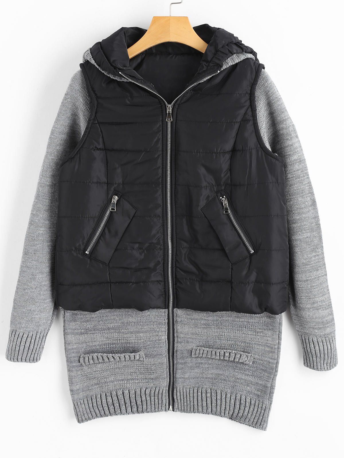 

Knit Panel Padded Hooded Longline Coat, Colormix