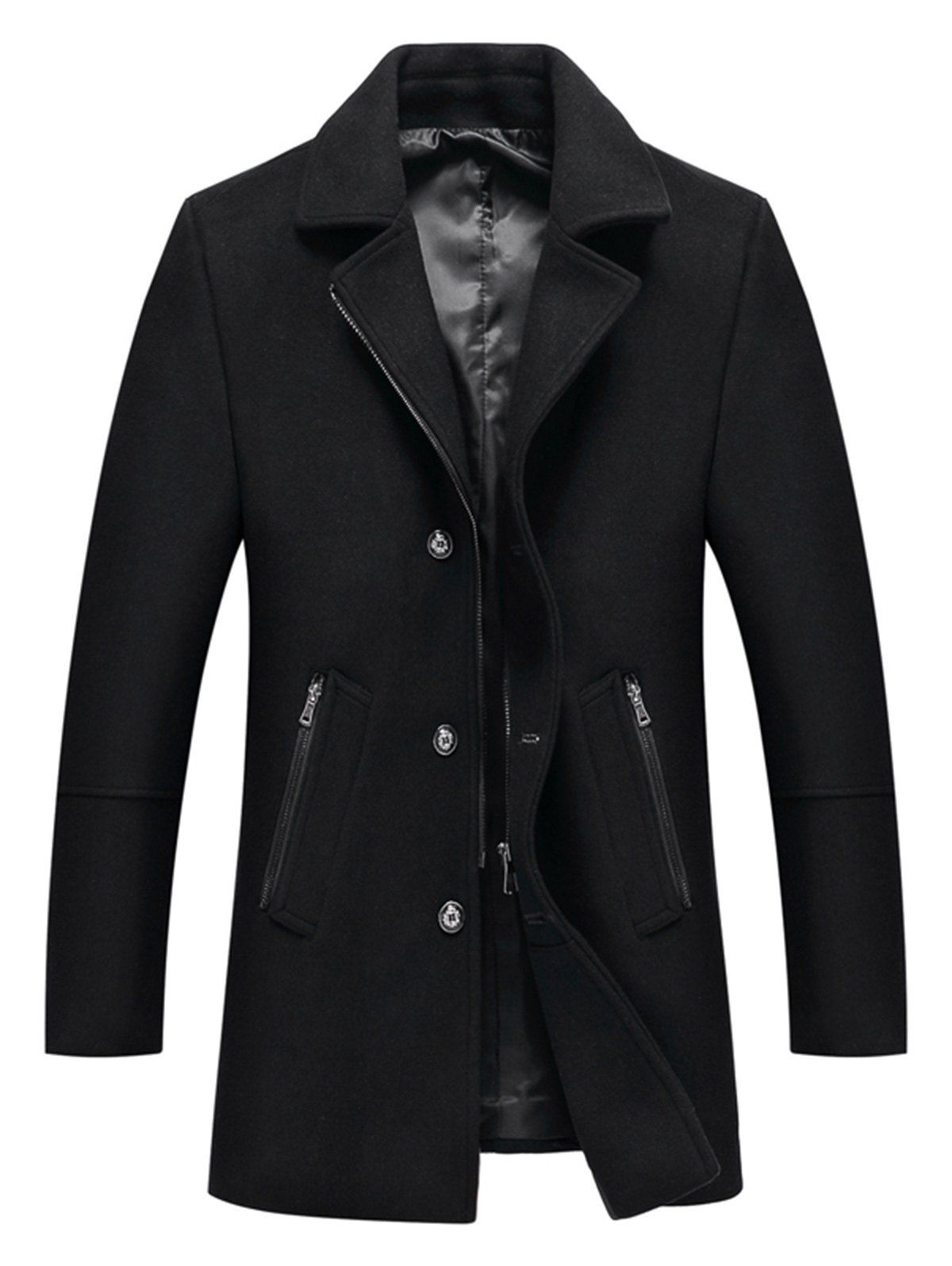 

Zip and Button Closure Slim Wool Blend Jacket, Black