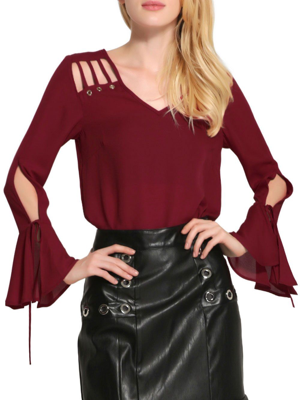 

Bell Sleeve Cut Out Chiffon Blouse, Wine red