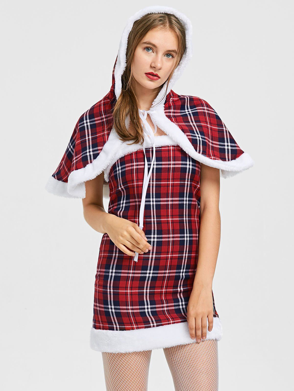 

Hooded Plaid Capelet with Tube Dress, Checked