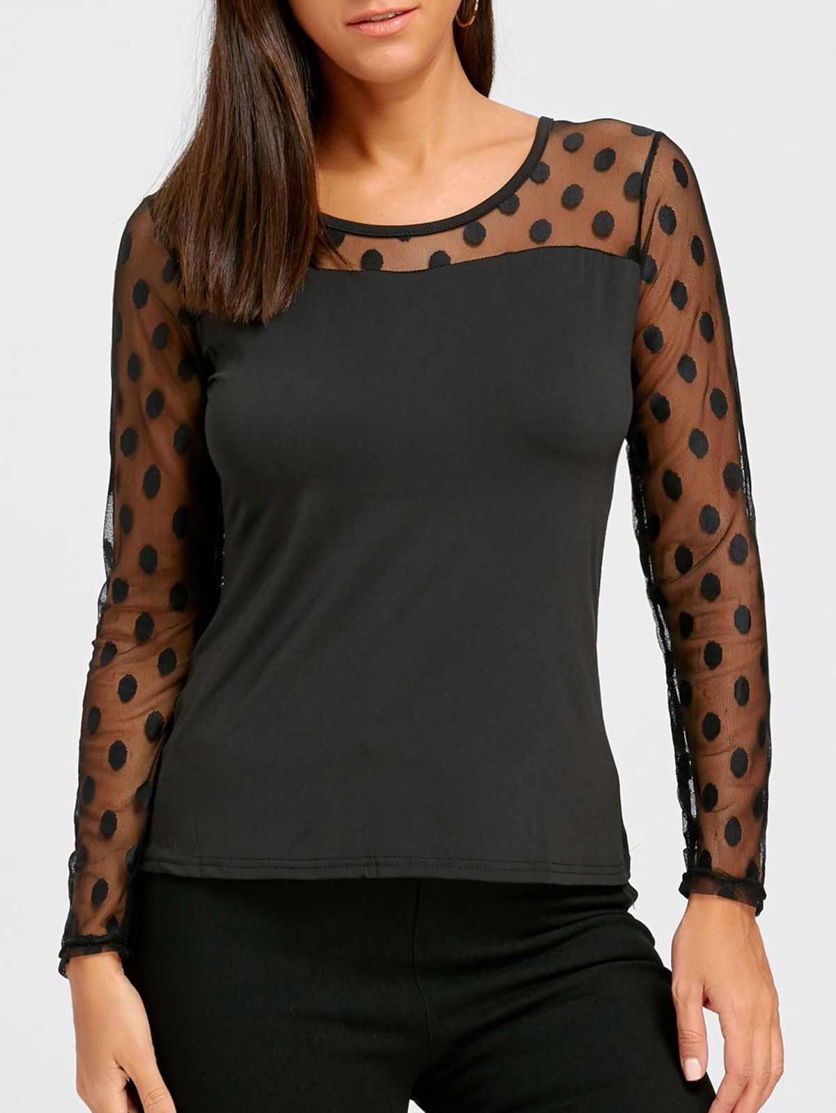 

Long Sleeve Lace Insert See Through T-shirt, Black