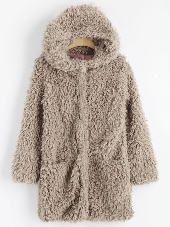 Manteau à capuche en laine d'agneau avec poche - Kaki Léger M