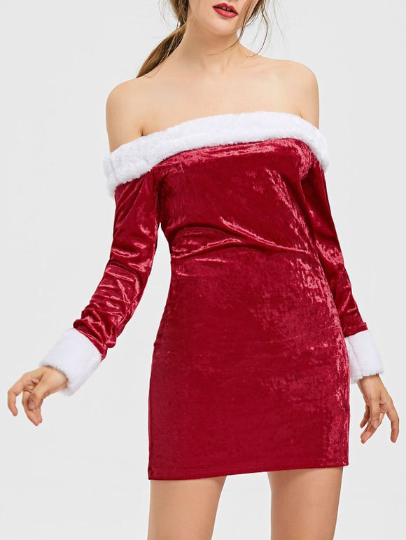 Robe de Noël Bicolore à Epaule Dénudée en Velvet - Rouge L