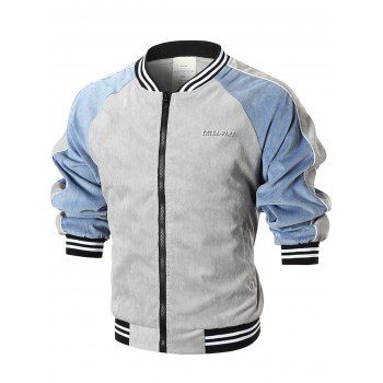 

Raglan Sleeve Seal Print Stripe Trim Corduroy Jacket, Gray