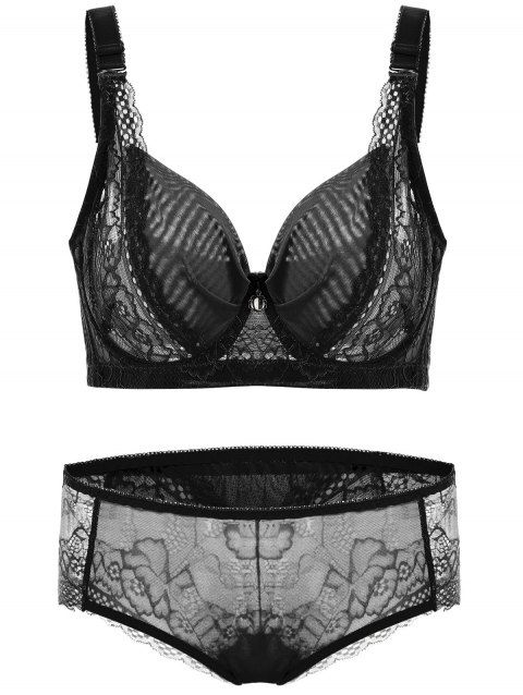 [17% OFF] 2019 Plus Size Lace Panel Unlined Wirefree Bra Set In BLACK ...