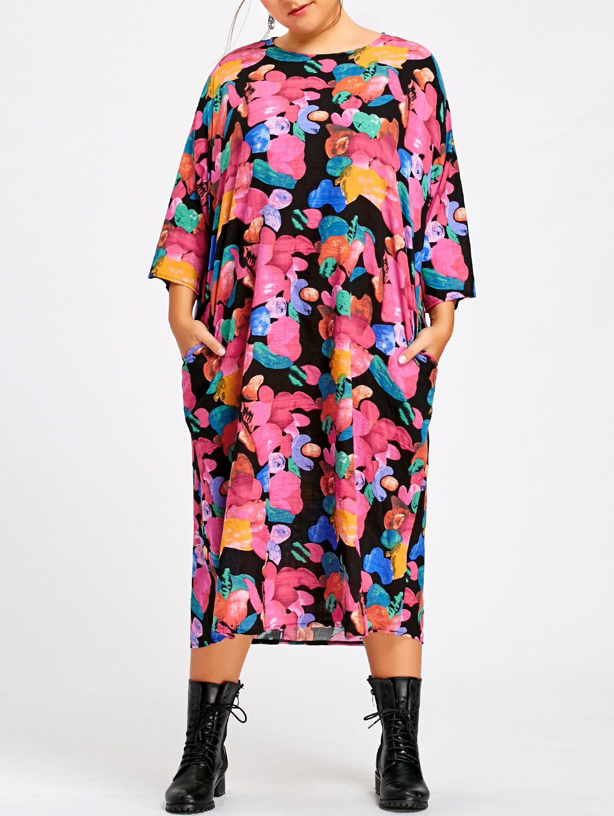 

Candy Printed Plus Size Midi Smock Dress with Pockets, Multicolor