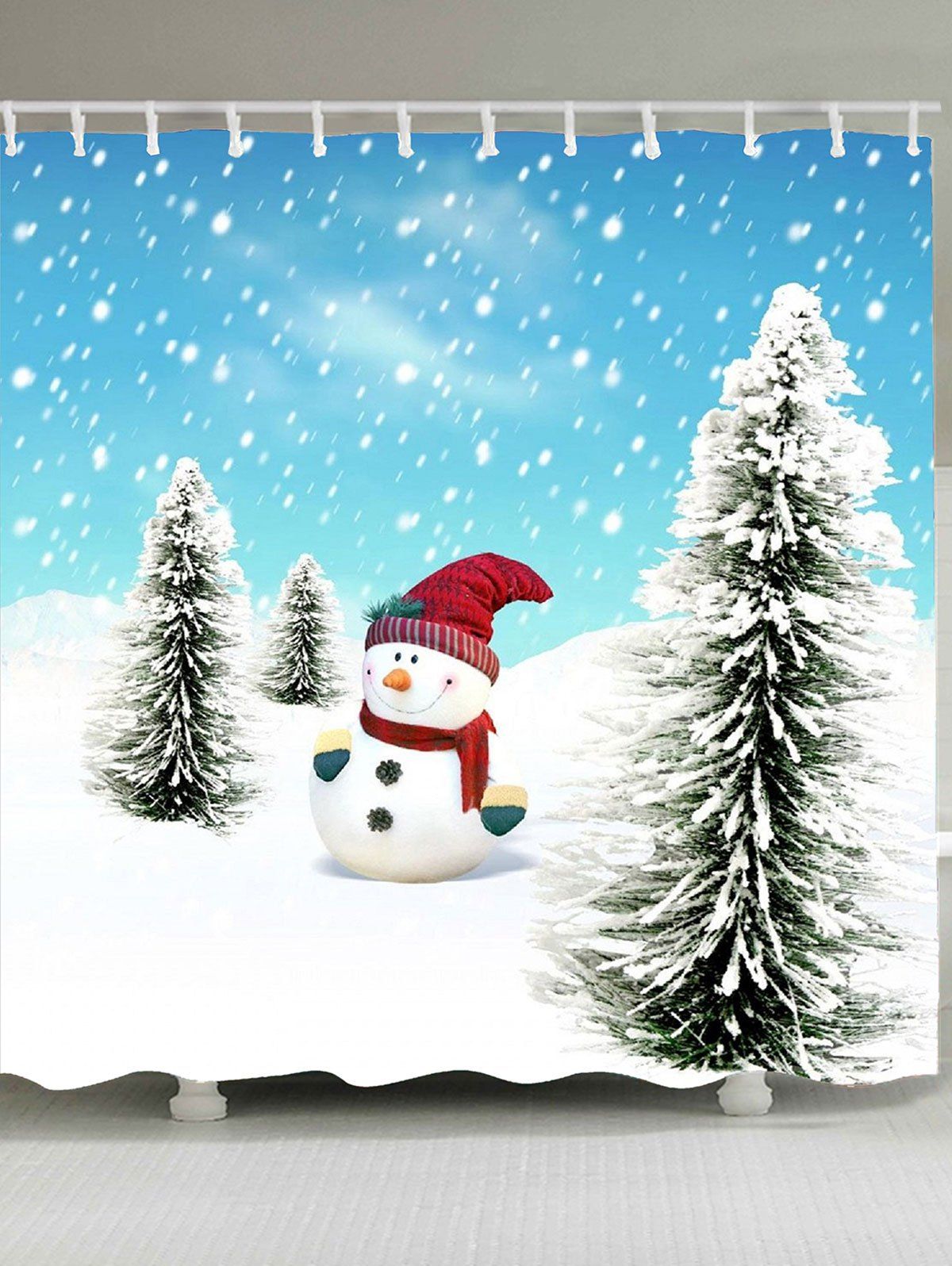 

Waterproof Christmas Snowman Pine Pattern Shower Curtain, Blue and white