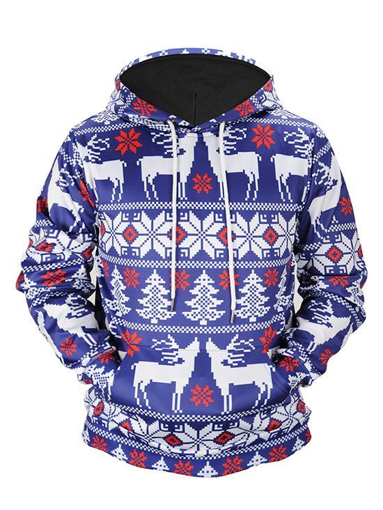 Sweat à Capuche Imprimé Flocon de Neige et Arbre de Noël avec Poche Kangourou - Bleu profond XL