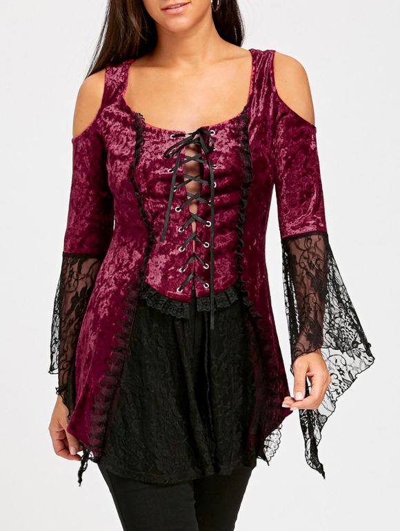 Lace Up Bell Sleeve Velvet Gothic Top - WINE RED M