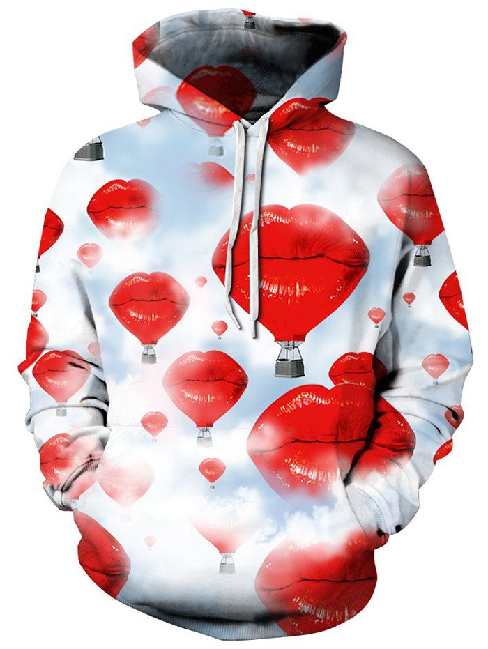 

Drawstring Lip Print Kangaroo Pocket Hoodie, Colormix