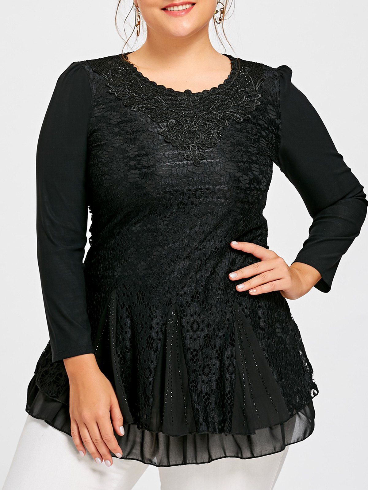 

Plus Size Sequine Layered Lace Blouse, Black