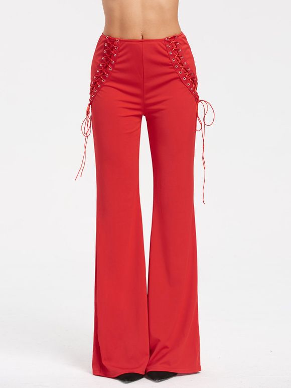 Pantalon évasé Lacé Croisé à Taille Haute - Rouge XL