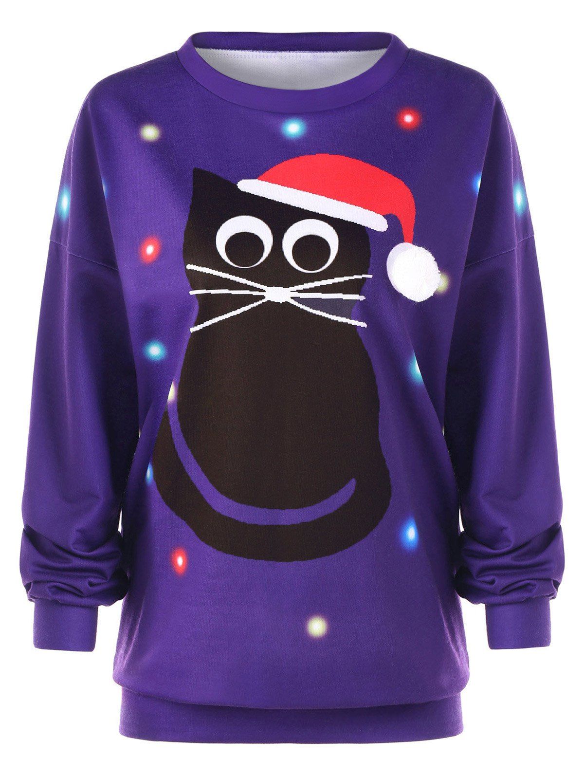 cheap plus size pullover cat print drop shoulder christmas sweatshirt