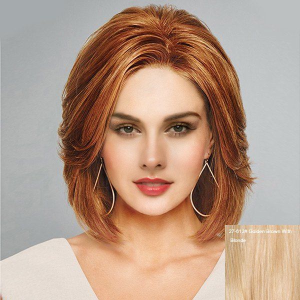 

Inclined Bang Short Natural Straight Lace Front Human Hair Wig, Golden brown with blonde