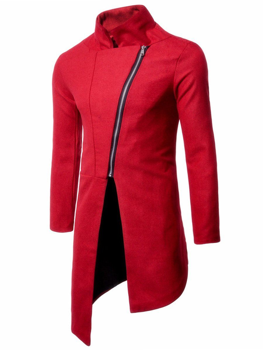 

Stand Collar Asymmetrical Zipper Up Coat, Red