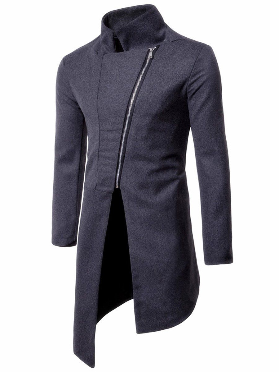 

Stand Collar Asymmetrical Zipper Up Coat, Gray