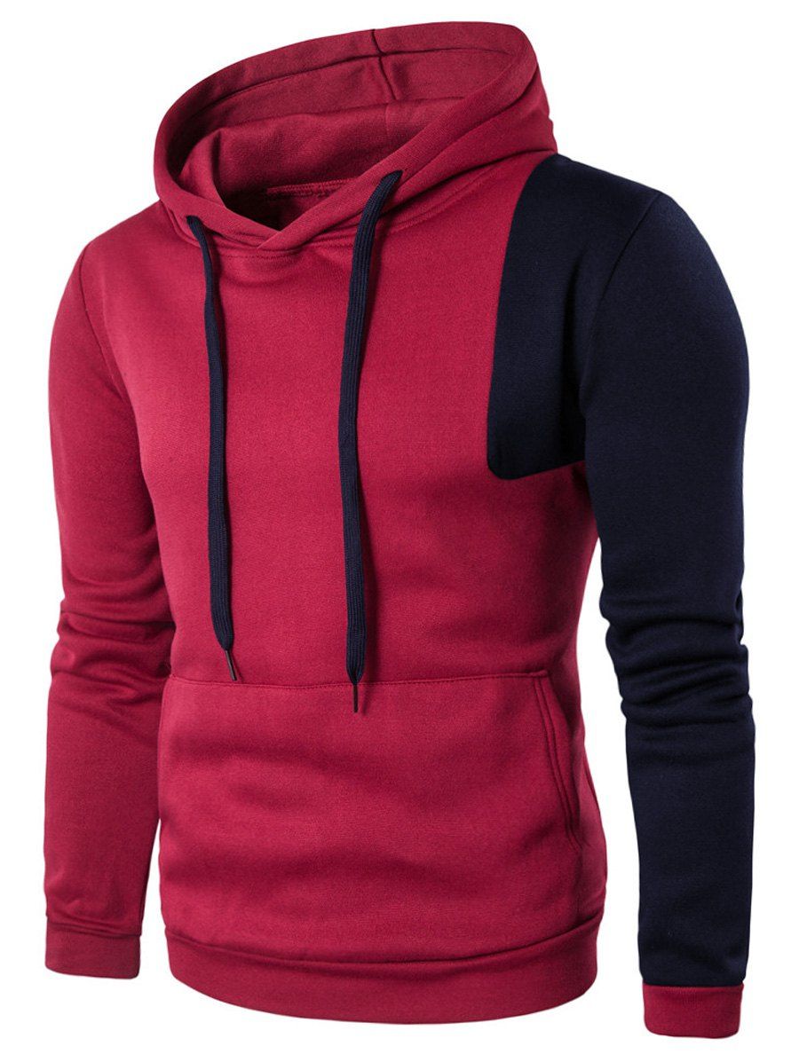 

Two Tone Irregular Panel Kangaroo Pocket Hoodie, Red
