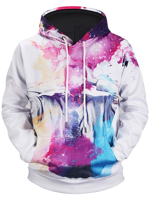 Sweat à Capuche Imprimé Abstrait Versicolore avec Poche Kangourou - Blanc M