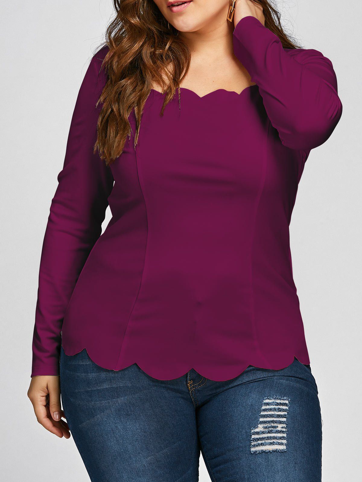 

Plus Size Scalloped Square Neck Long Sleeve Top, Wine red