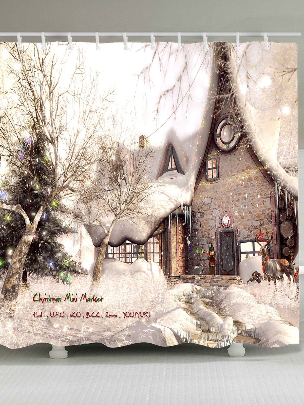 

Christmas Snowy House Patterned Bath Shower Curtain, Light beige