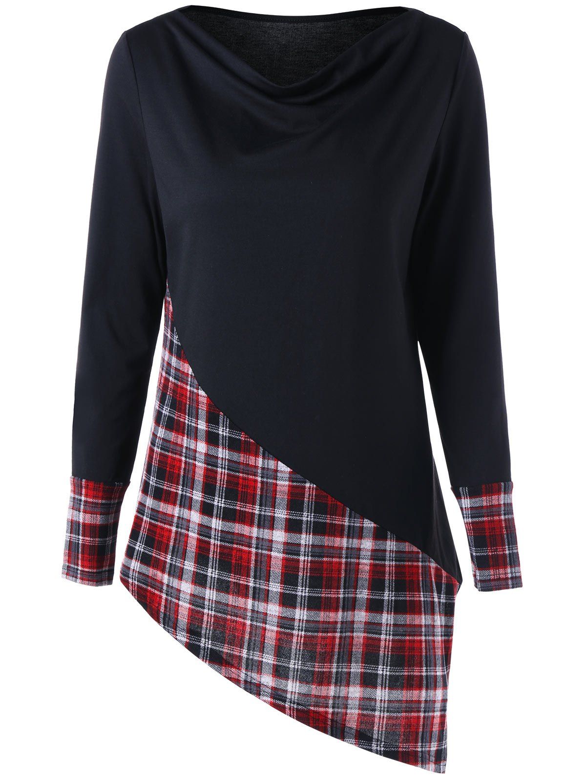 

Plaid Panel Long Sleeve Asymmetric Top, Black&red