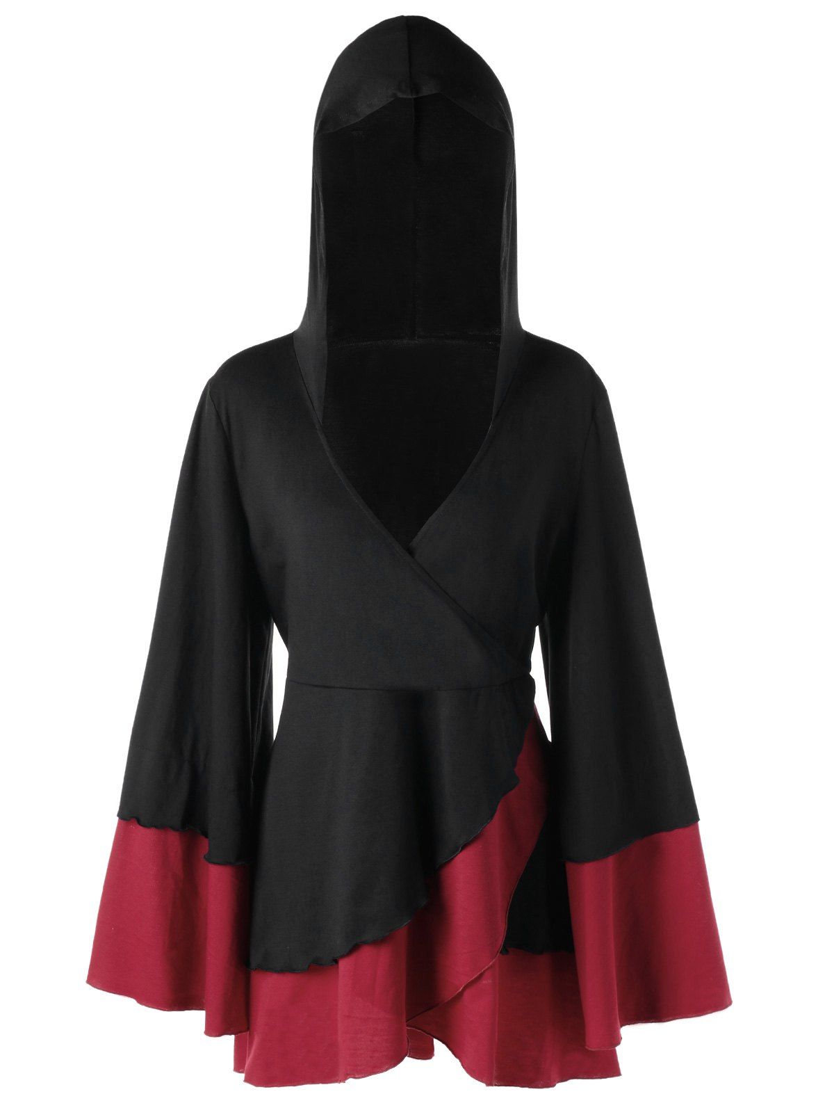 

Plus Size Two Tone Layered Hooded Top, Red with black