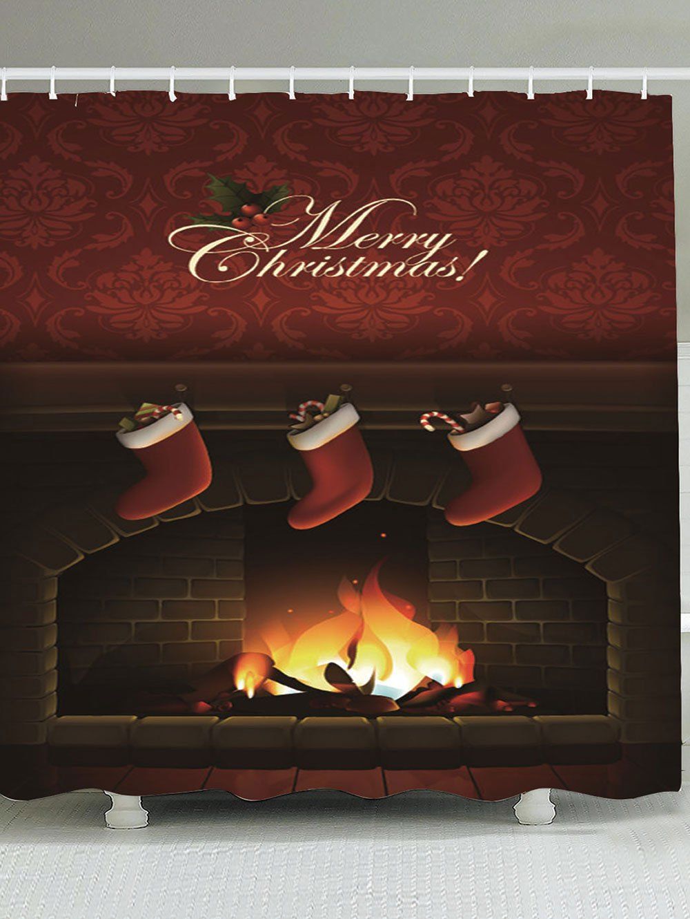 

Waterproof Christmas Fireplace and Shoes Pattern Shower Curtain, Colorful