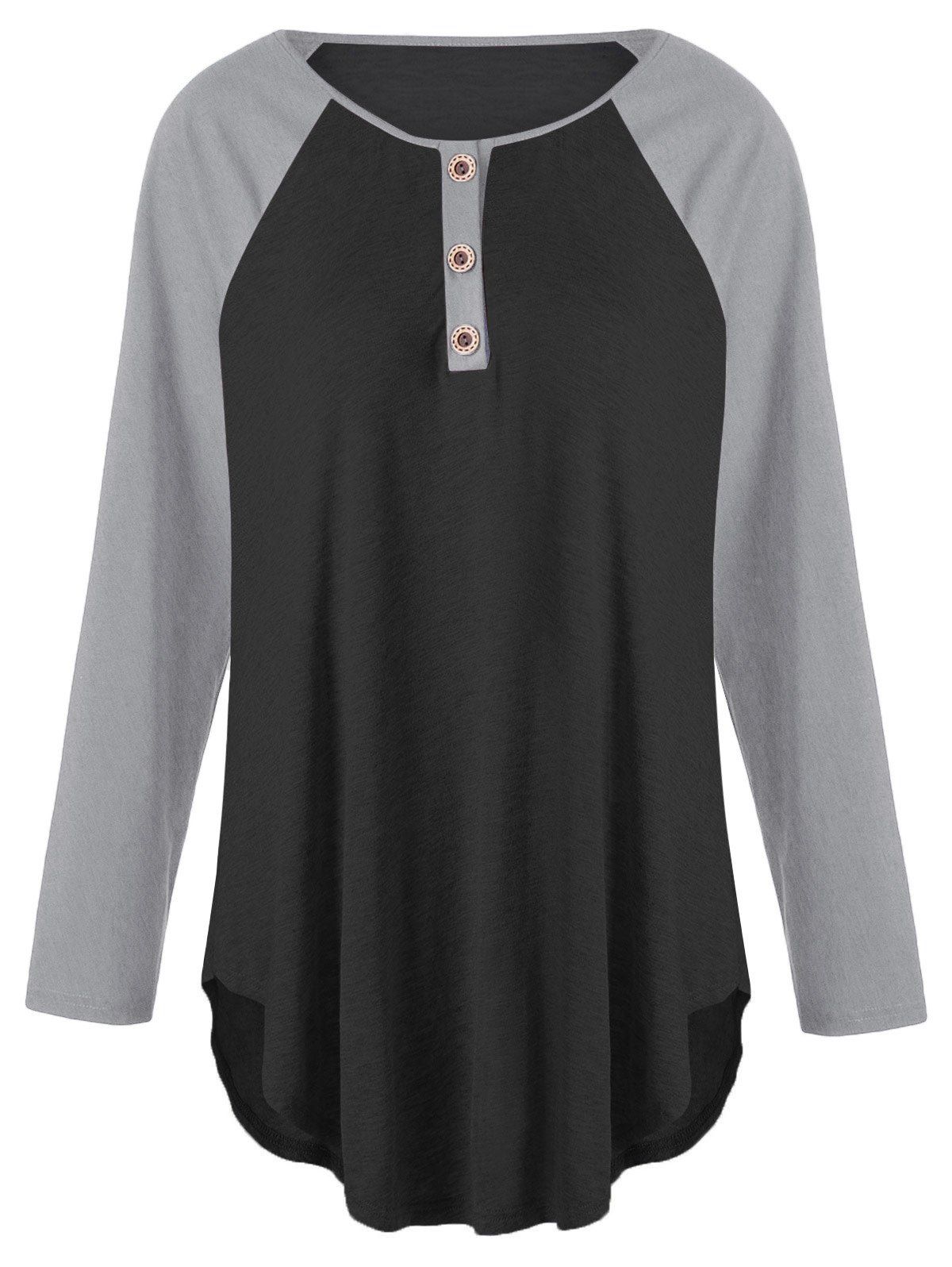 

Plus Size Two Tone Raglan Sleeve T-shirt with Buttons, Black and grey