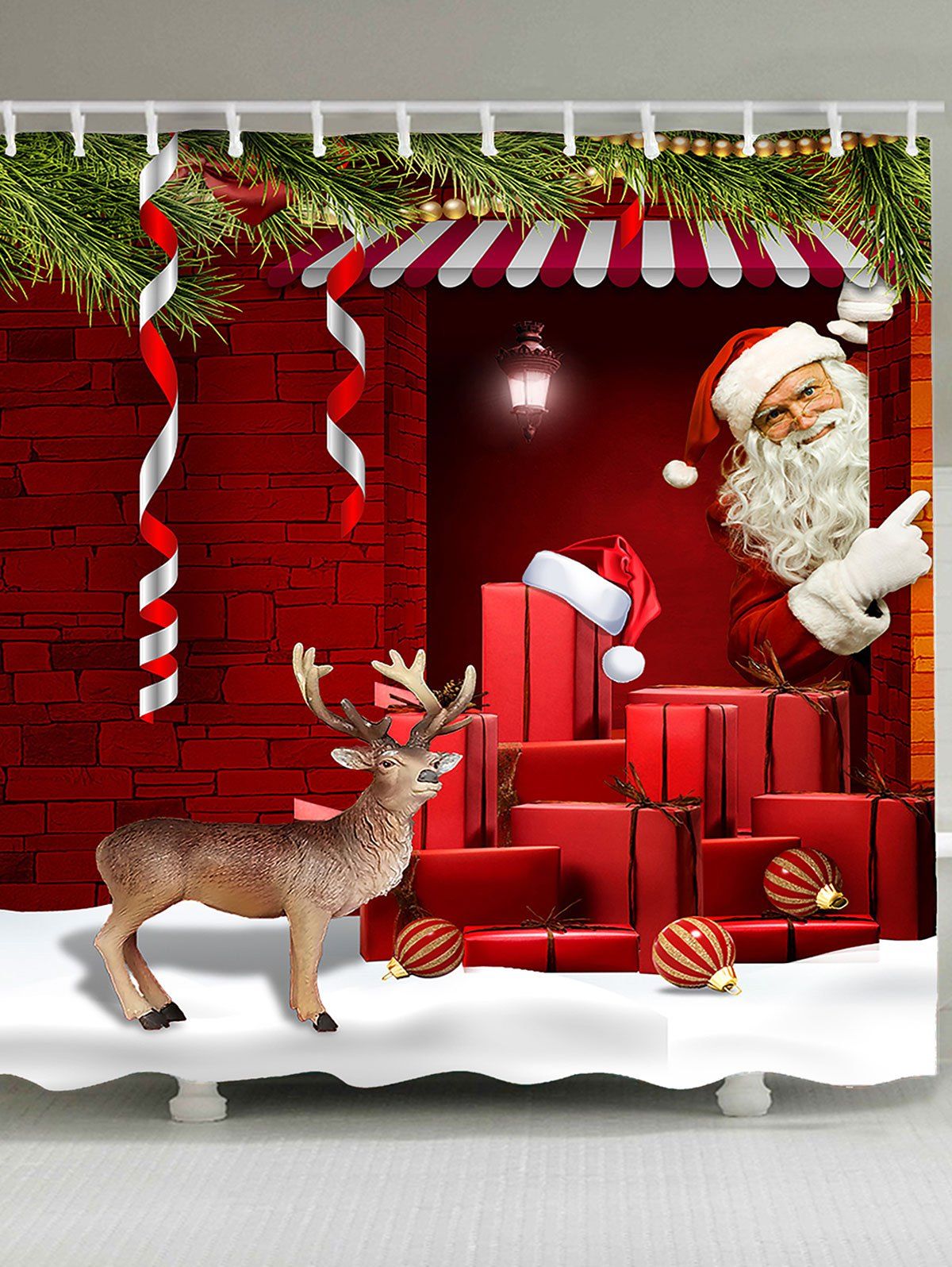 

Santa and Elk Printed Waterproof Shower Curtain, Red