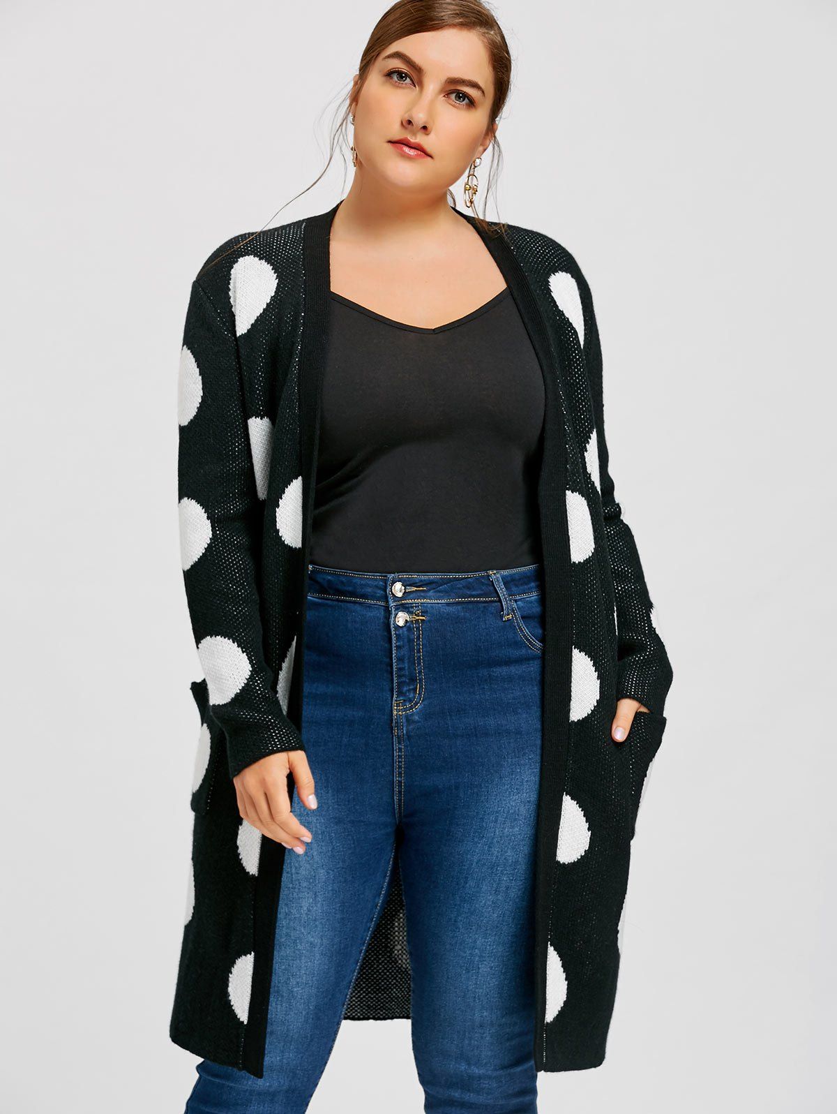 

Plus Size Polka Dot Longline Cardigan, Black
