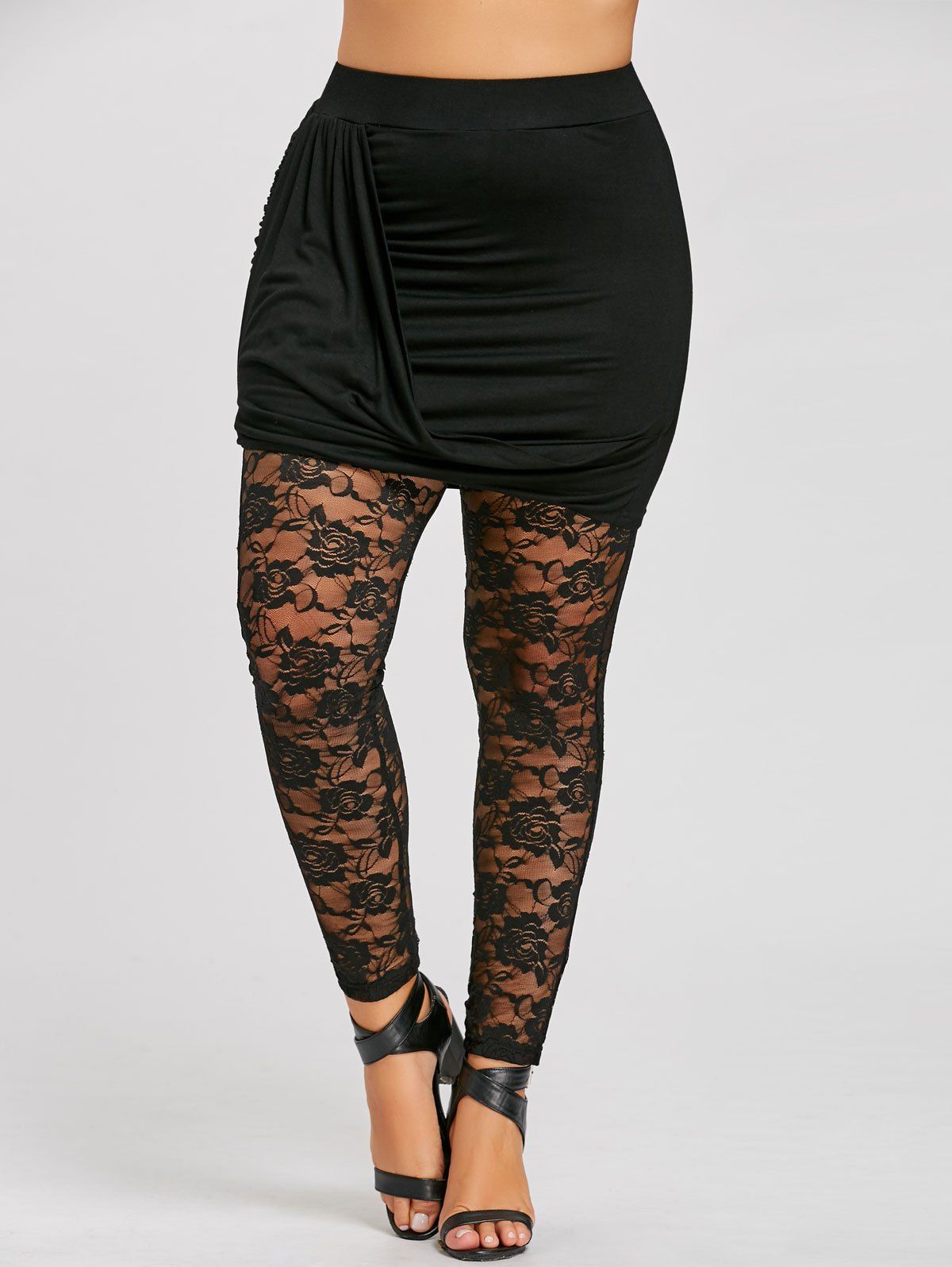 

Plus Size Sheer Lace Insert Ruched Skeggings, Black