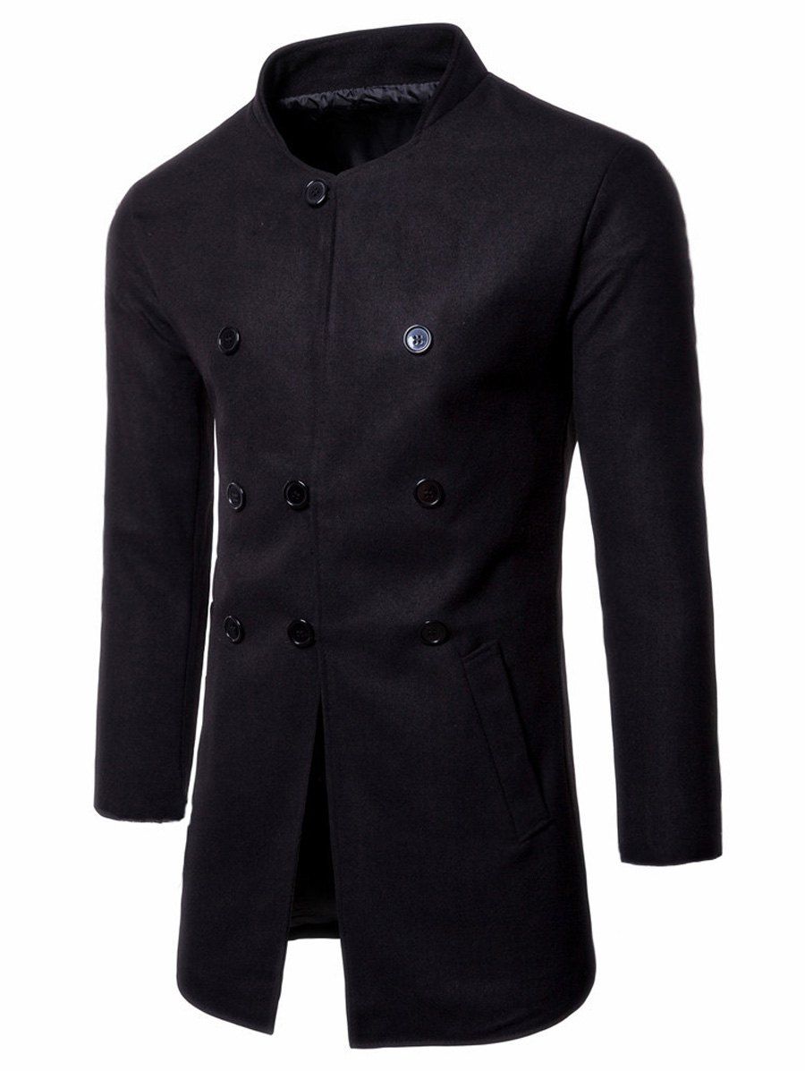 

Wool Blend Single Breasted Stand Collar Coat, Black