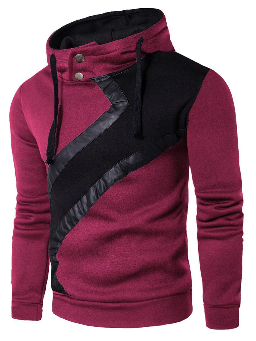 

Color Block Faux Leather Insert Hoodie, Purplish red