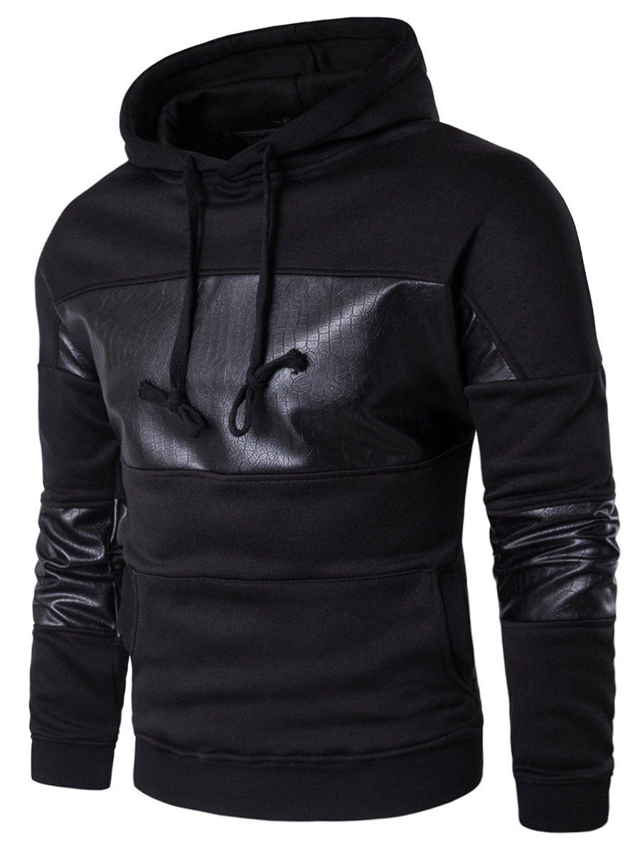 

Faux Leather Panel Kangaroo Pocket Hoodie, Black