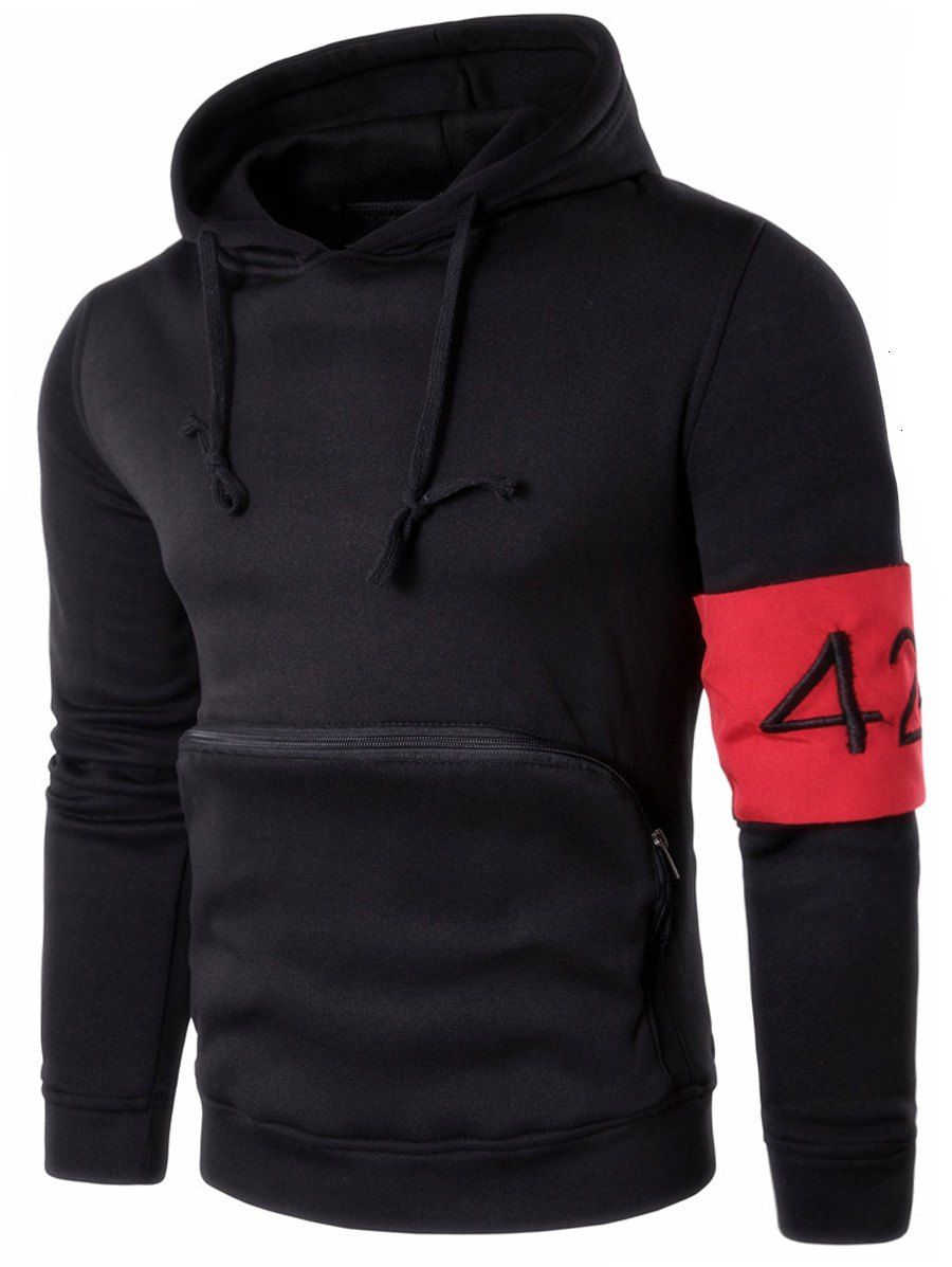 

Armband Embellished Zipper Kangaroo Pocket Hoodie, Black