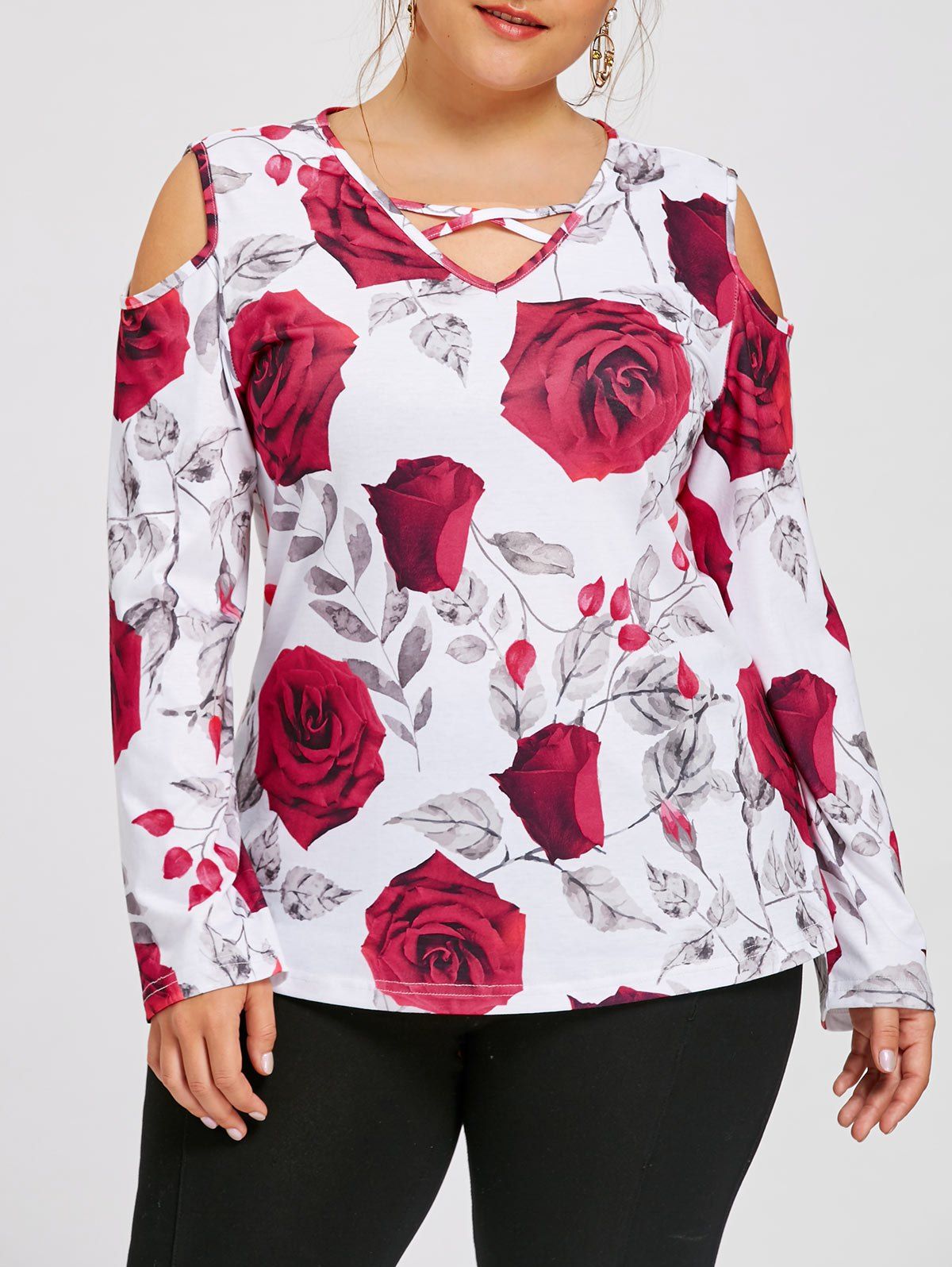 

Plus Size Cold Shoulder Rose Pattern Top, White