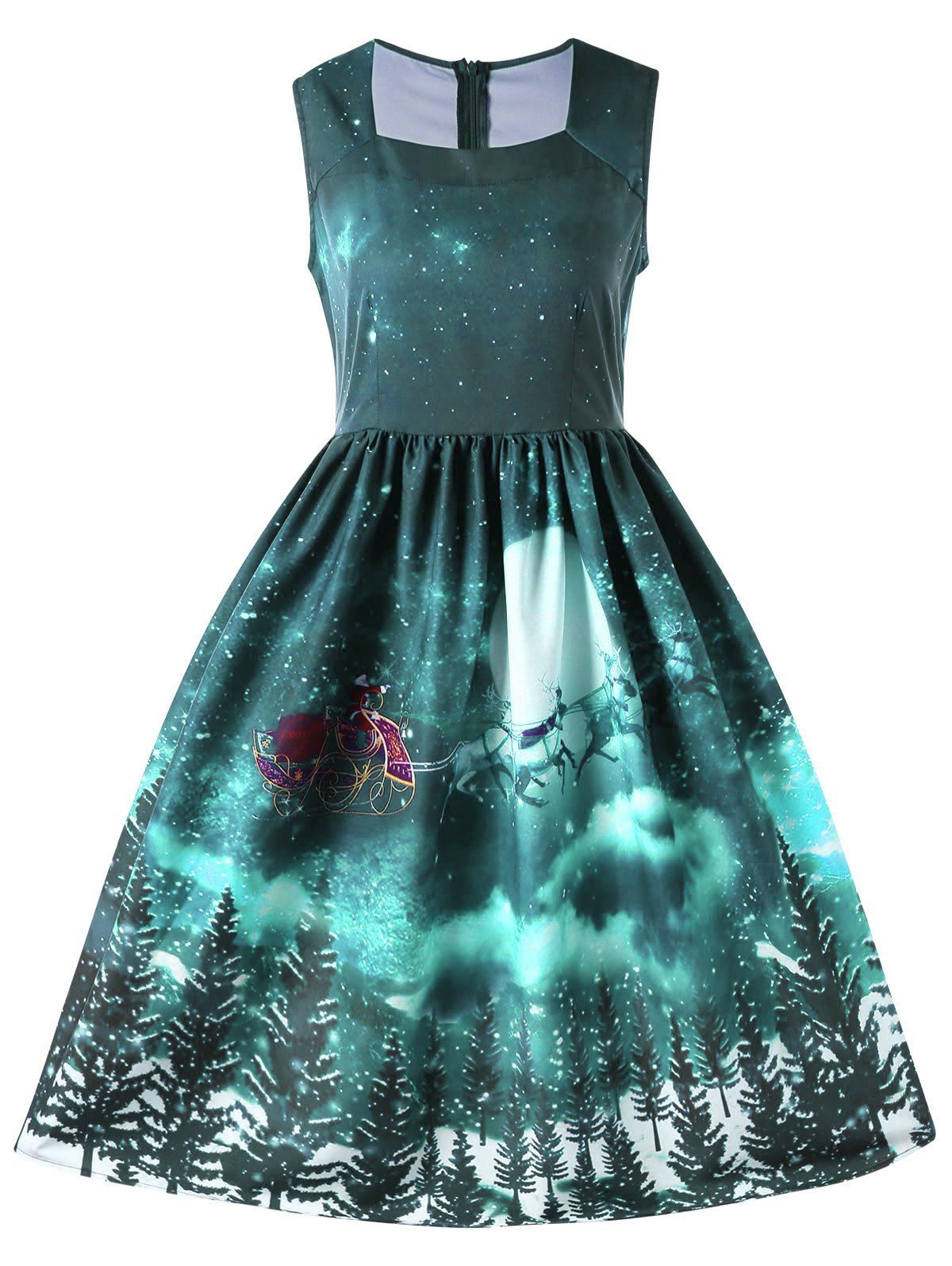 

Christmas Square Neck Sleeveless 50s Swing Dress, Green