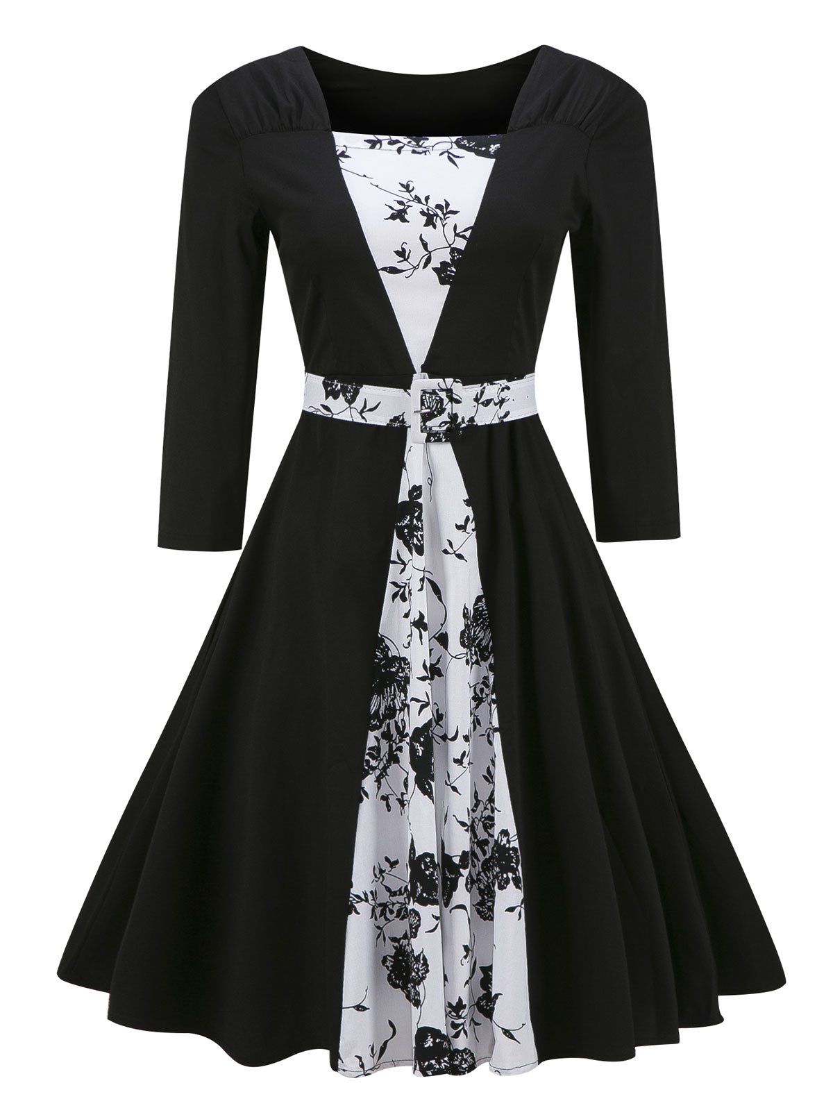

Retro Color Block Floral Print Pin Up Dress, Black