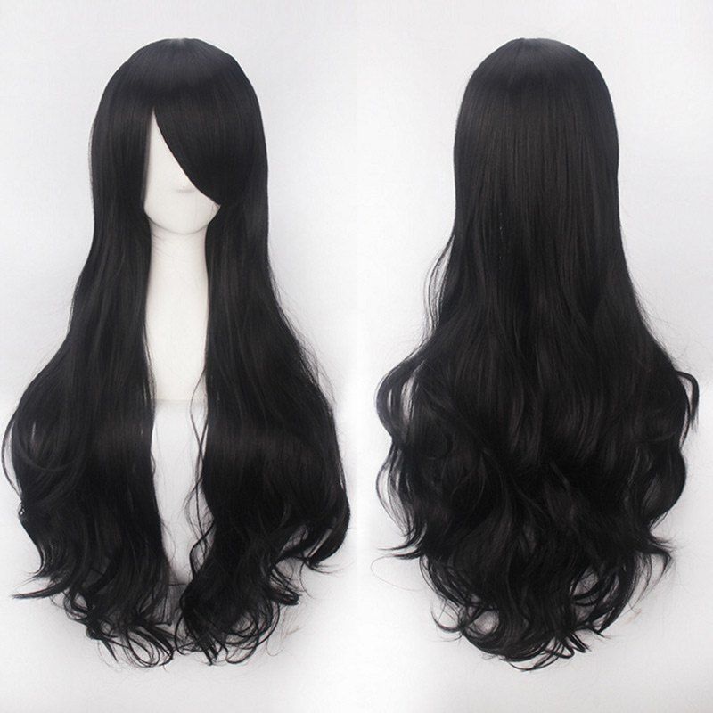 

Ultra Long Inclined Bang Fluffy Curly Synthetic Party Wig, Natural black