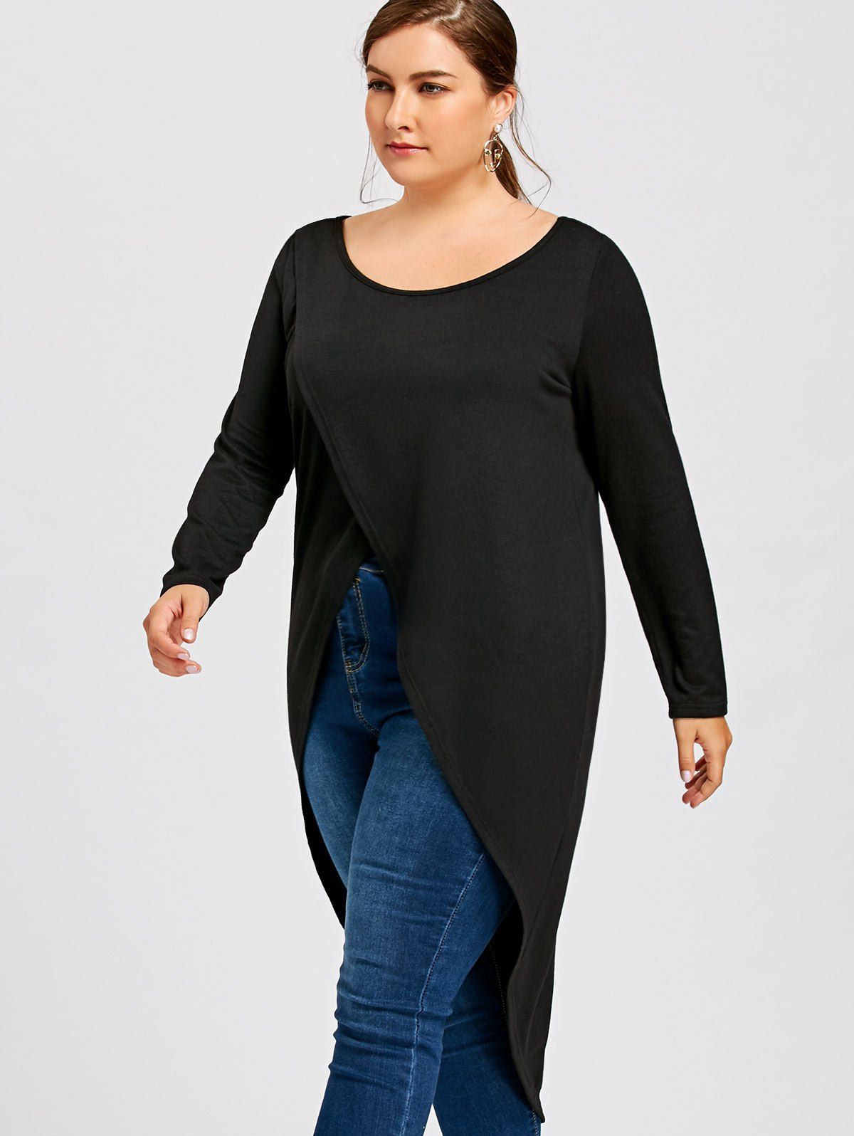 2018 Plus Size High Low Long Sleeve T-shirt BLACK XL In Plus Size T ...