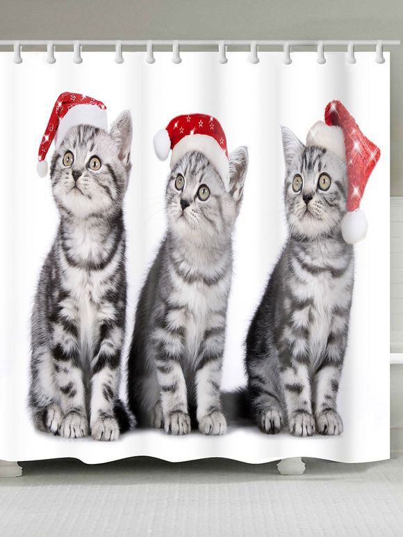 Rideau de douche à motif de bain de trois chats de Noël - Rouge / blanc / gris W71 INCH * L79 INCH