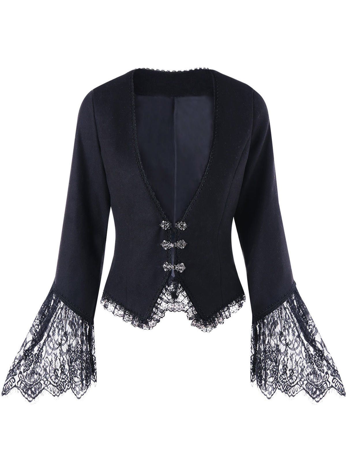 

Flare Sleeve Lace Trim Plunging Coat, Black