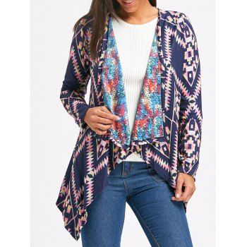 

Retro Style Long Sleeve Collarless Ethnic Print Loose-Fitting Women's Cardigan, Purplish blue