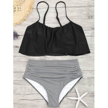 

Flounce Spaghetti Strap Striped Bikini Set, Black