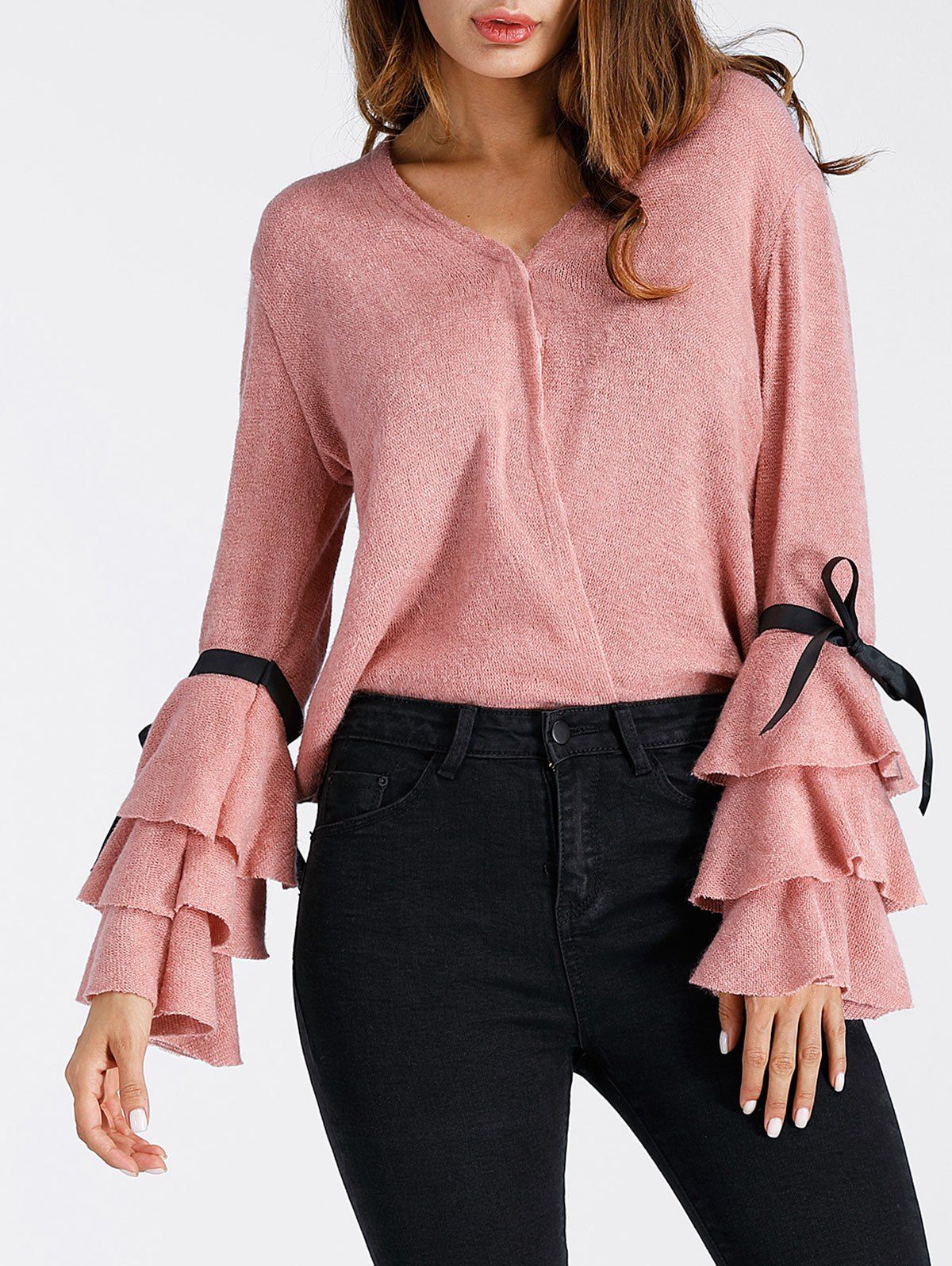 V Neck Layered Bell Sleeve Pullover Sweater - PINK L