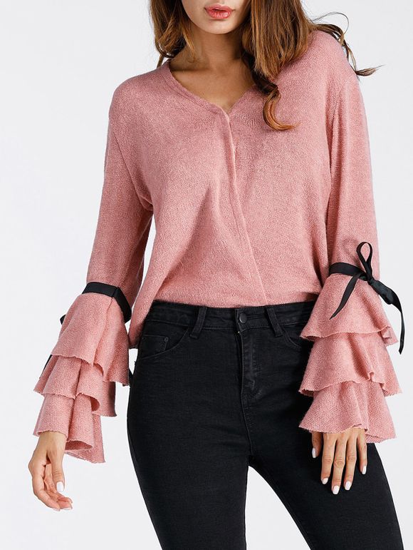 V Neck Layered Bell Sleeve Pullover Sweater - PINK XL