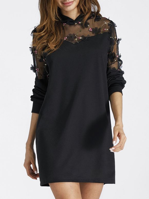 Mini-robe à Capuche et Empiècements en Dentelle Transparente et Brodée - Noir XL